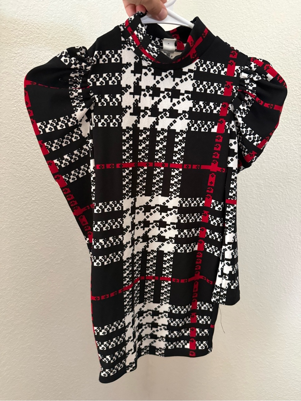 Girls Plaid Puff-Sleeve Dress in Black, White & Red